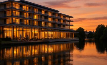 The Fontenay luxury lakefront hotel exterior at sunset