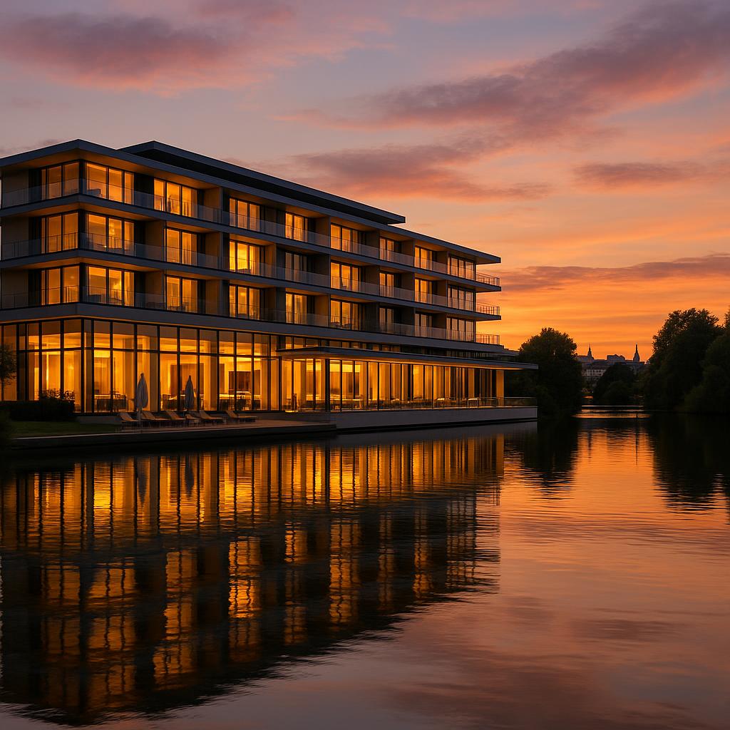 The Fontenay luxury lakefront hotel exterior at sunset