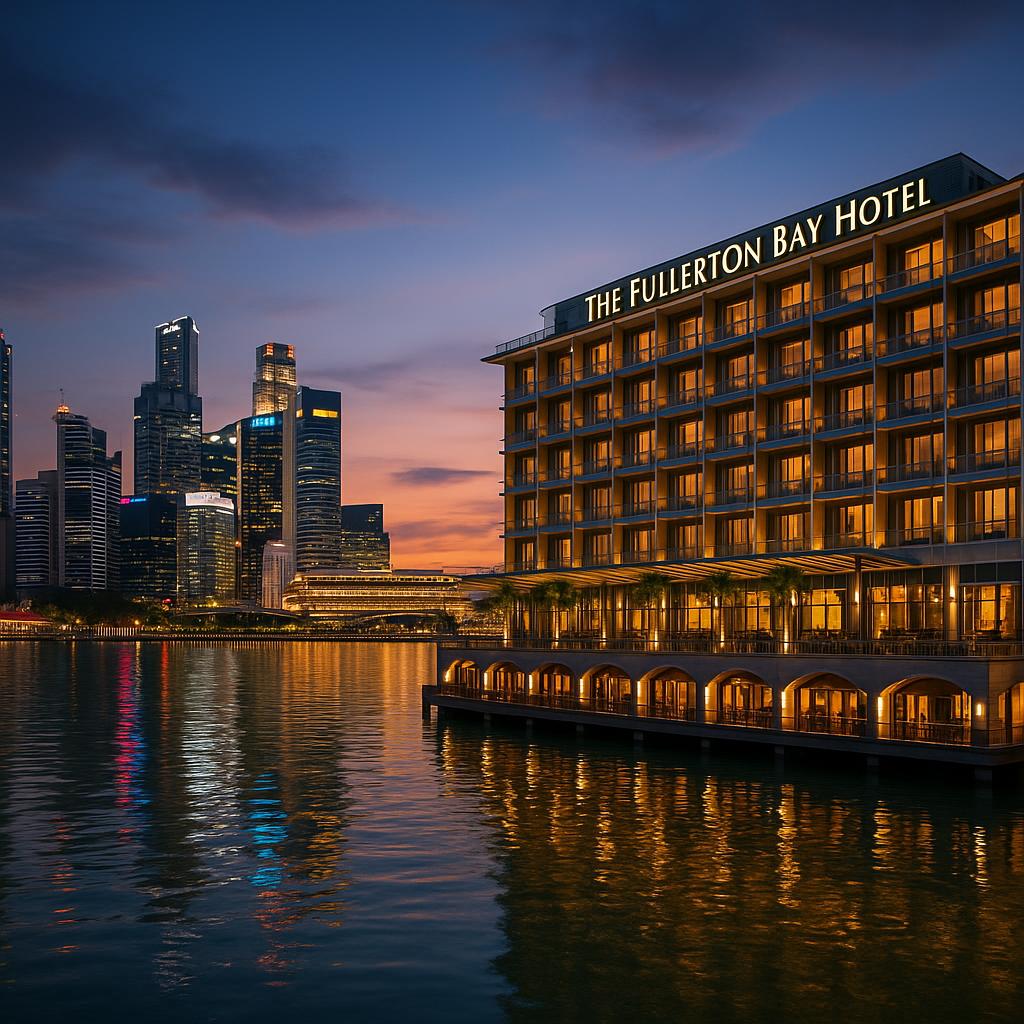 The Fullerton Bay Hotel exterior with waterfront glow and city skyline