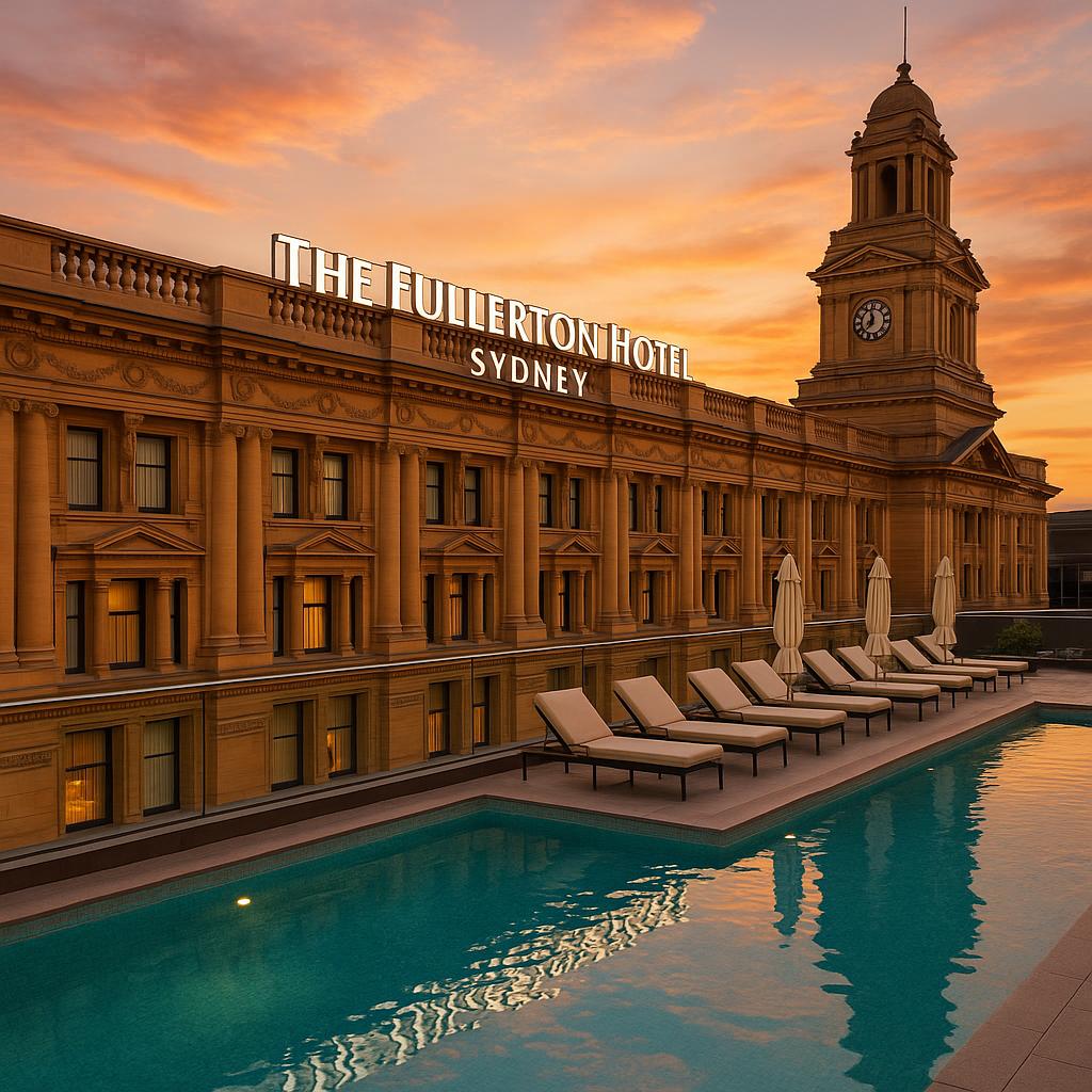 Rooftop pool at The Fullerton Hotel Sydney with historic building background