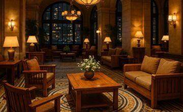 The Greenwich Hotel lobby with hand-laid tiles and bespoke furnishings