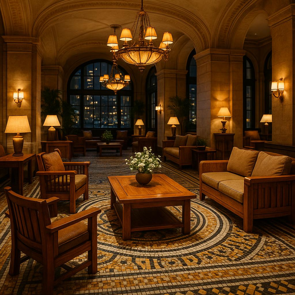 The Greenwich Hotel lobby with hand-laid tiles and bespoke furnishings