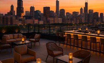 The Gwen rooftop bar with panoramic Chicago skyline views at sunset