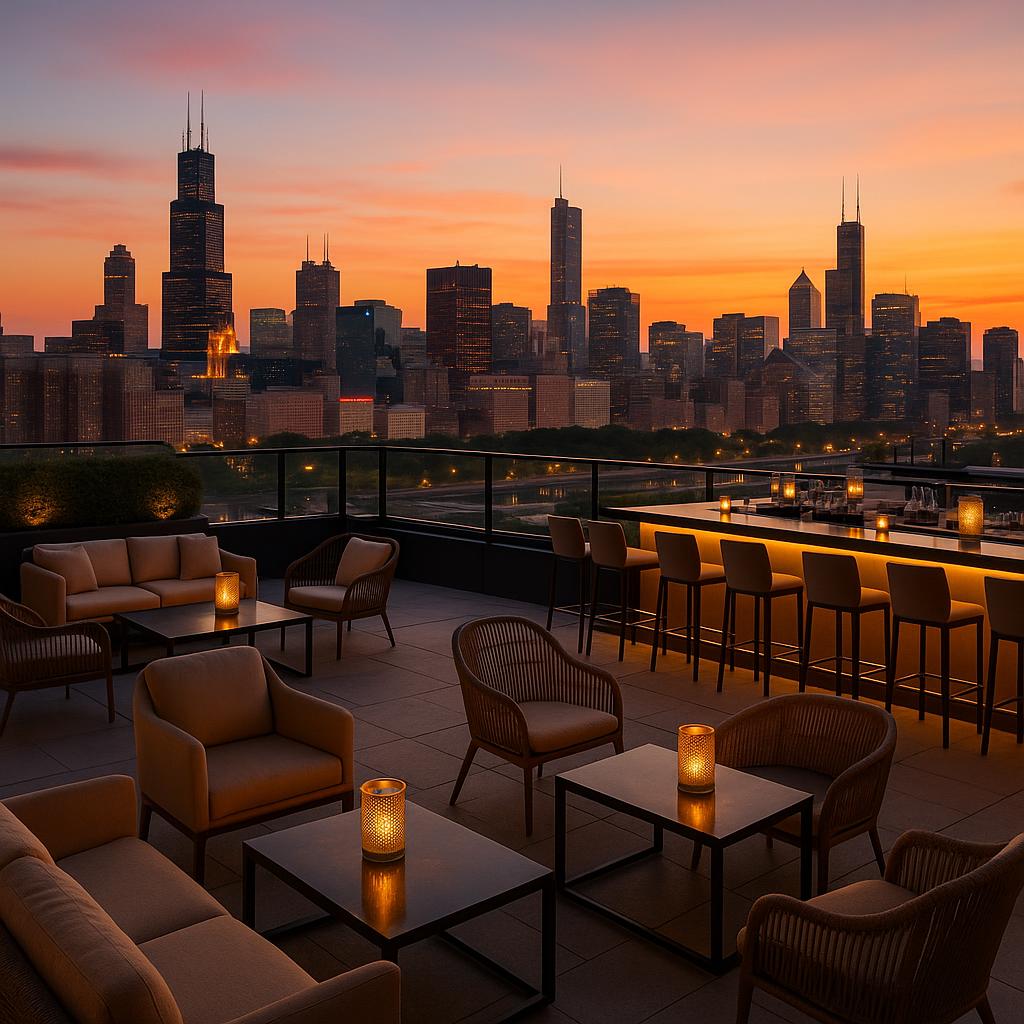 The Gwen rooftop bar with panoramic Chicago skyline views at sunset