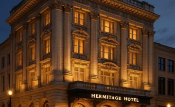 The Hermitage Hotel in Nashville exterior at dusk
