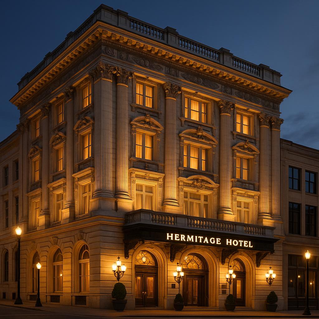 The Hermitage Hotel in Nashville exterior at dusk
