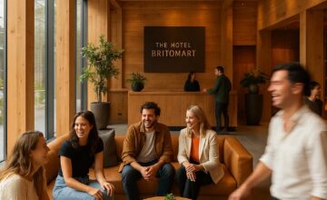 Hotel Britomart's lively lobby with natural timber and social atmosphere