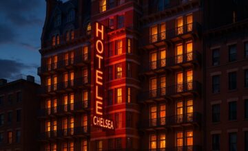 The Hotel Chelsea glowing at dusk in New York City