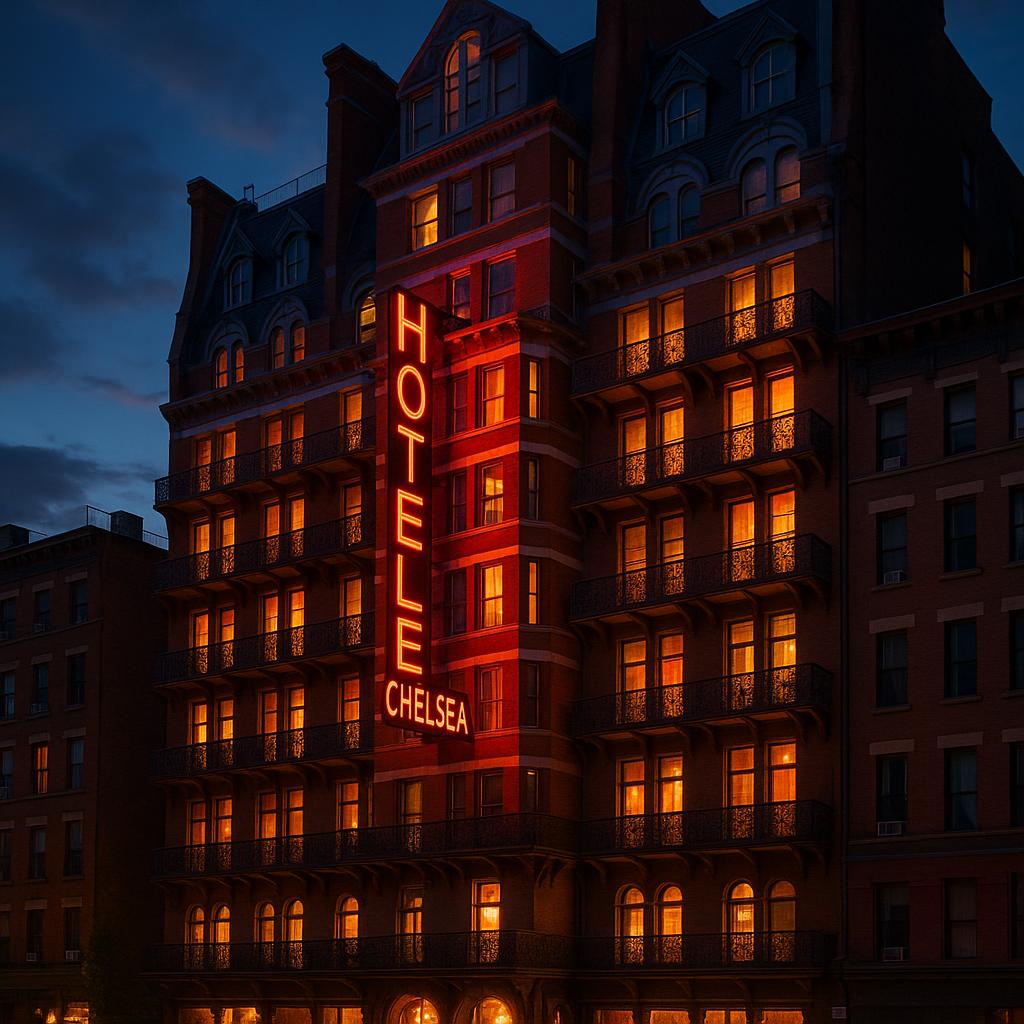 The Hotel Chelsea glowing at dusk in New York City