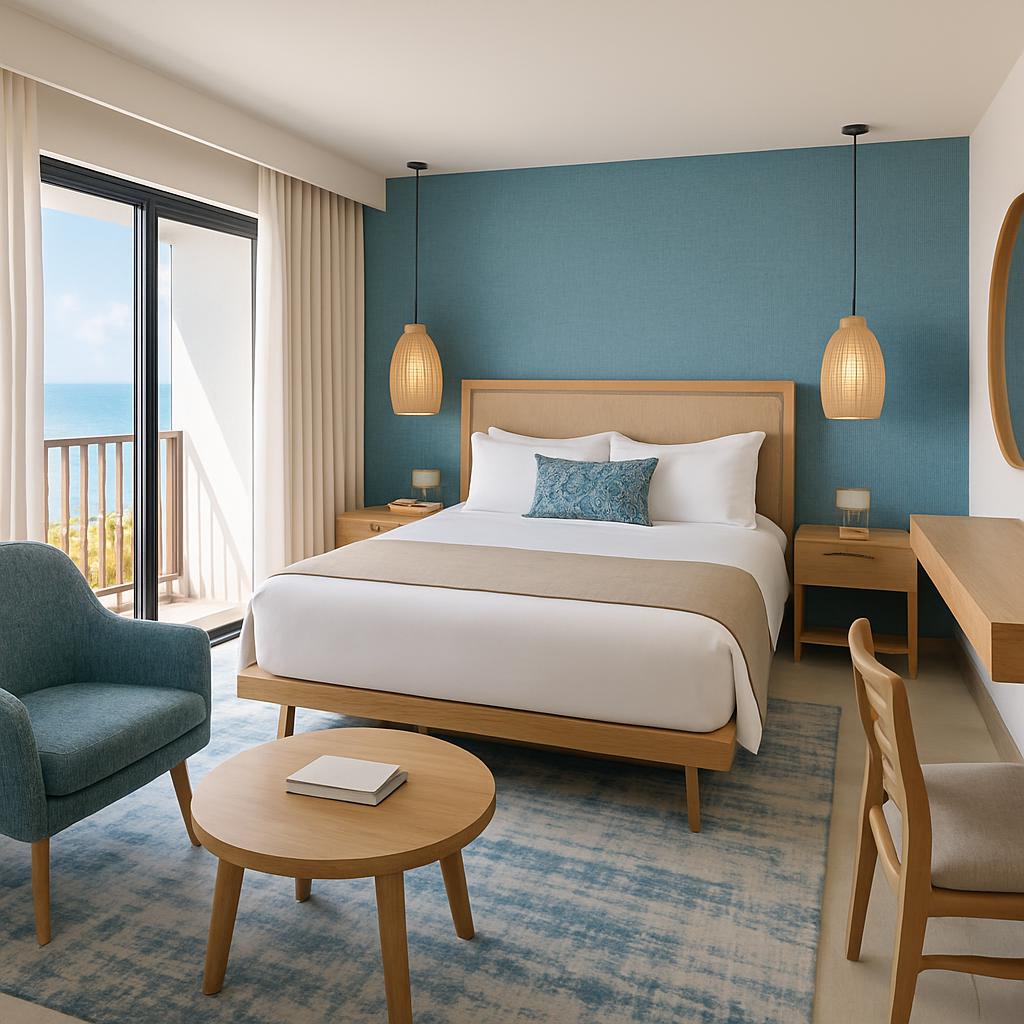 Designer room at The Inn Above Tide with coastal decor and contemporary style