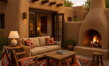 Luxury casita at The Inn of the Five Graces featuring Southwestern textiles and outdoor fireplace