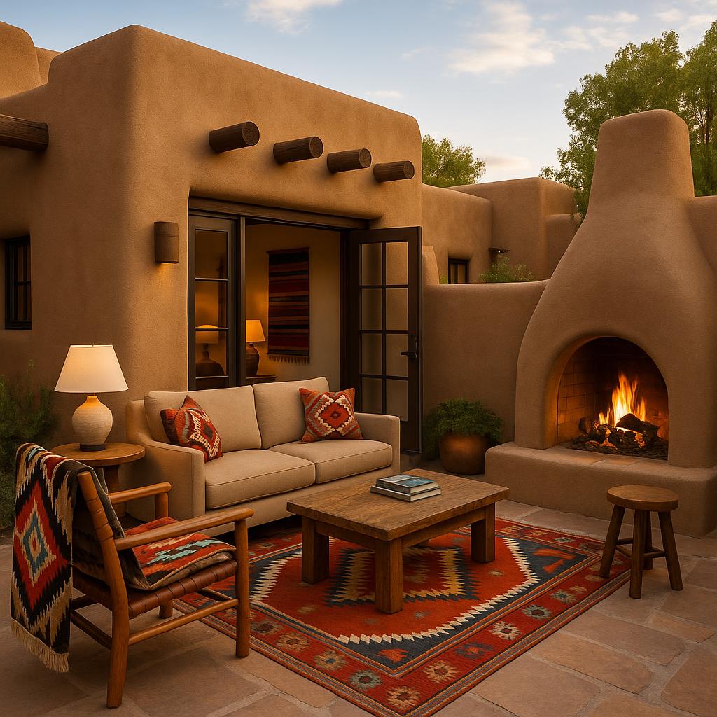 Luxury casita at The Inn of the Five Graces featuring Southwestern textiles and outdoor fireplace