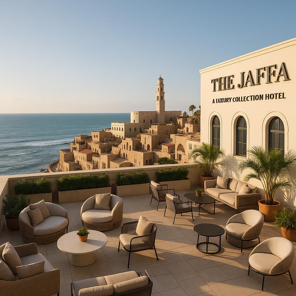 Rooftop terrace with Mediterranean view at The Jaffa Hotel