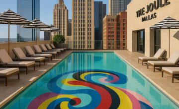 The Joule rooftop pool overlooking Dallas skyline with artistic design elements