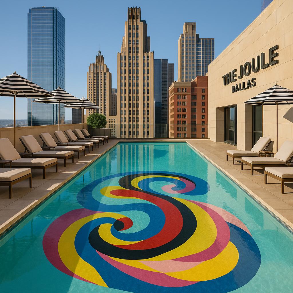 The Joule rooftop pool overlooking Dallas skyline with artistic design elements