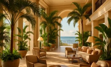 The Kahala Hotel & Resort lobby showcasing tropical plants and ocean view