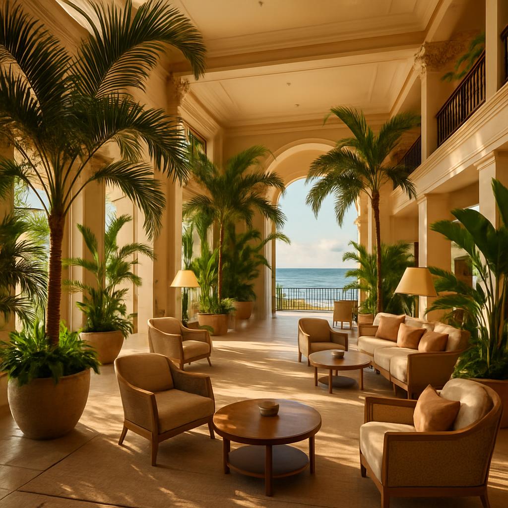 The Kahala Hotel & Resort lobby showcasing tropical plants and ocean view