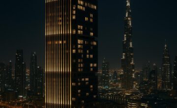 The Lana skyscraper glowing against the Dubai cityscape at dusk