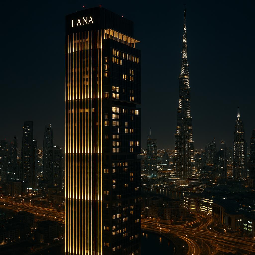 The Lana skyscraper glowing against the Dubai cityscape at dusk