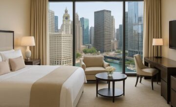 Guest room with river views at The Langham Chicago