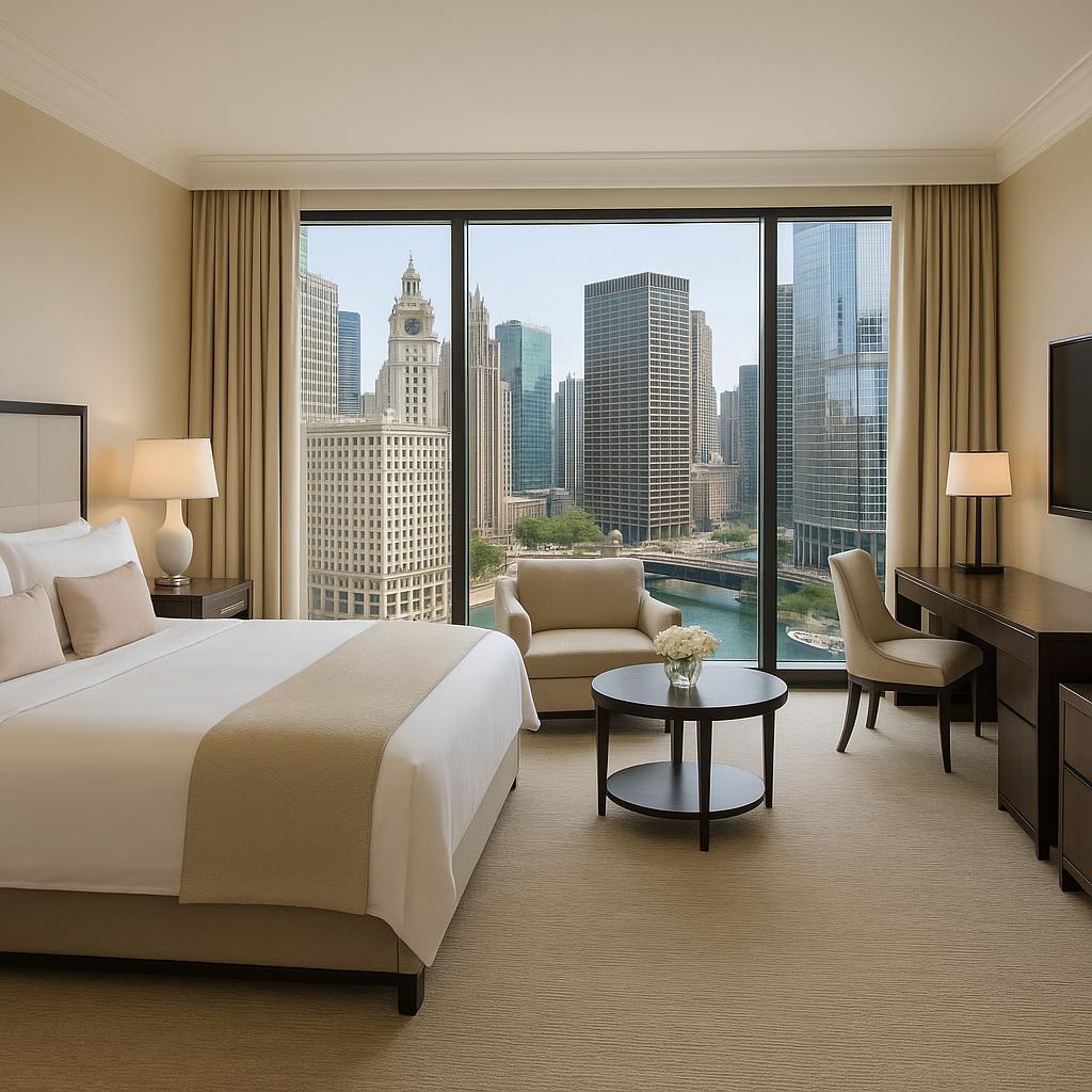 Guest room with river views at The Langham Chicago