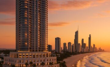 The Langham Gold Coast hotel with beach and skyline views at sunset