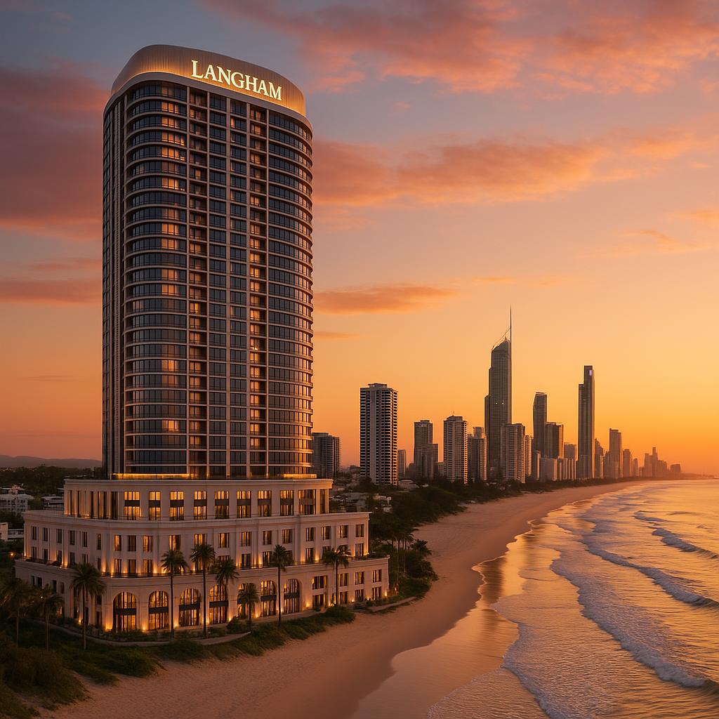 The Langham Gold Coast hotel with beach and skyline views at sunset
