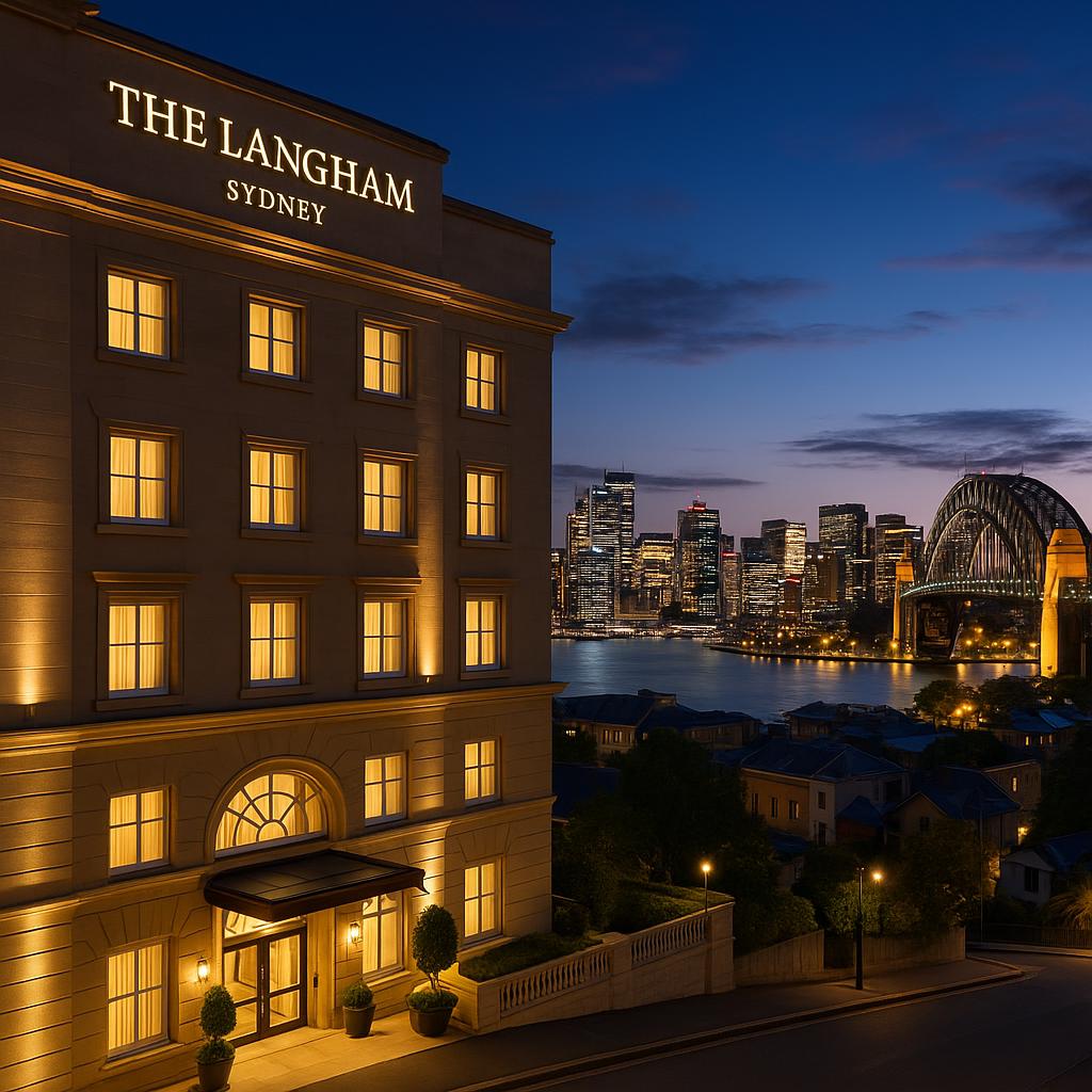 The Langham Sydney hotel exterior with city skyline and Harbour Bridge at dusk