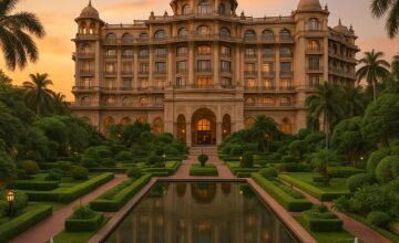 Lush gardens and elegant architecture of The Leela Palace Bengaluru