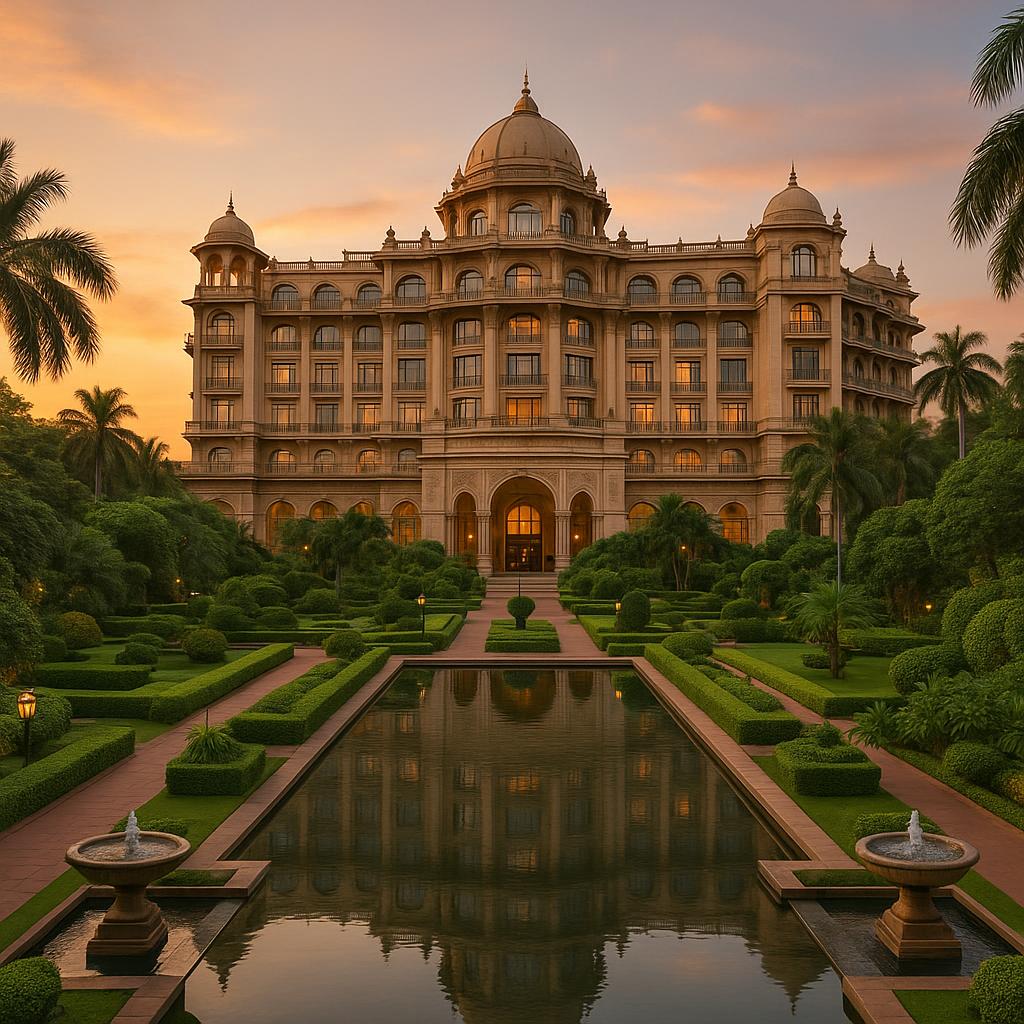 Lush gardens and elegant architecture of The Leela Palace Bengaluru