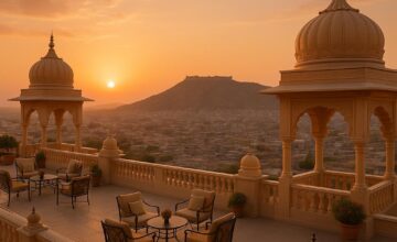 Panoramic rooftop view from The Leela Palace Jaipur during sunset