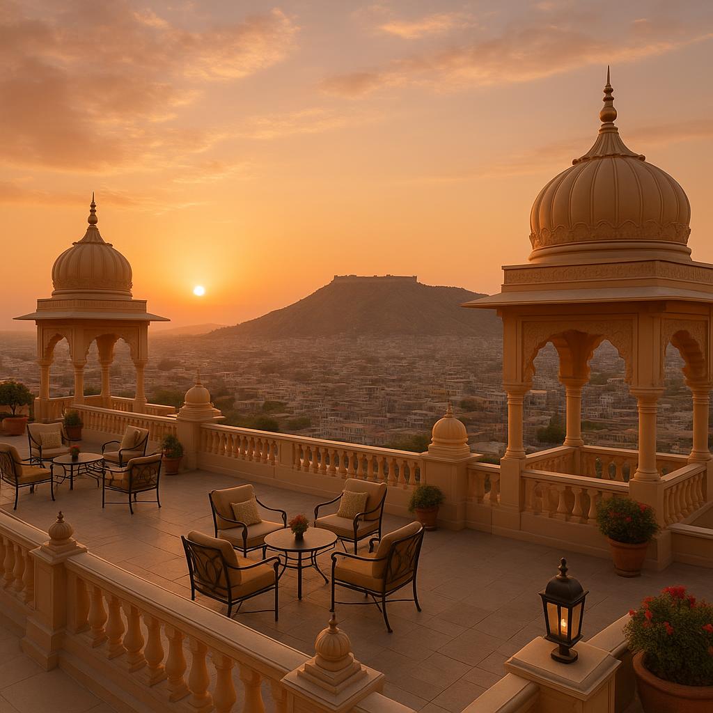 Panoramic rooftop view from The Leela Palace Jaipur during sunset