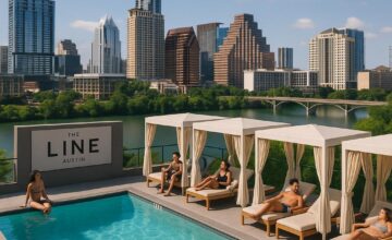 The Line Austin rooftop pool overlooking downtown with guests relaxing