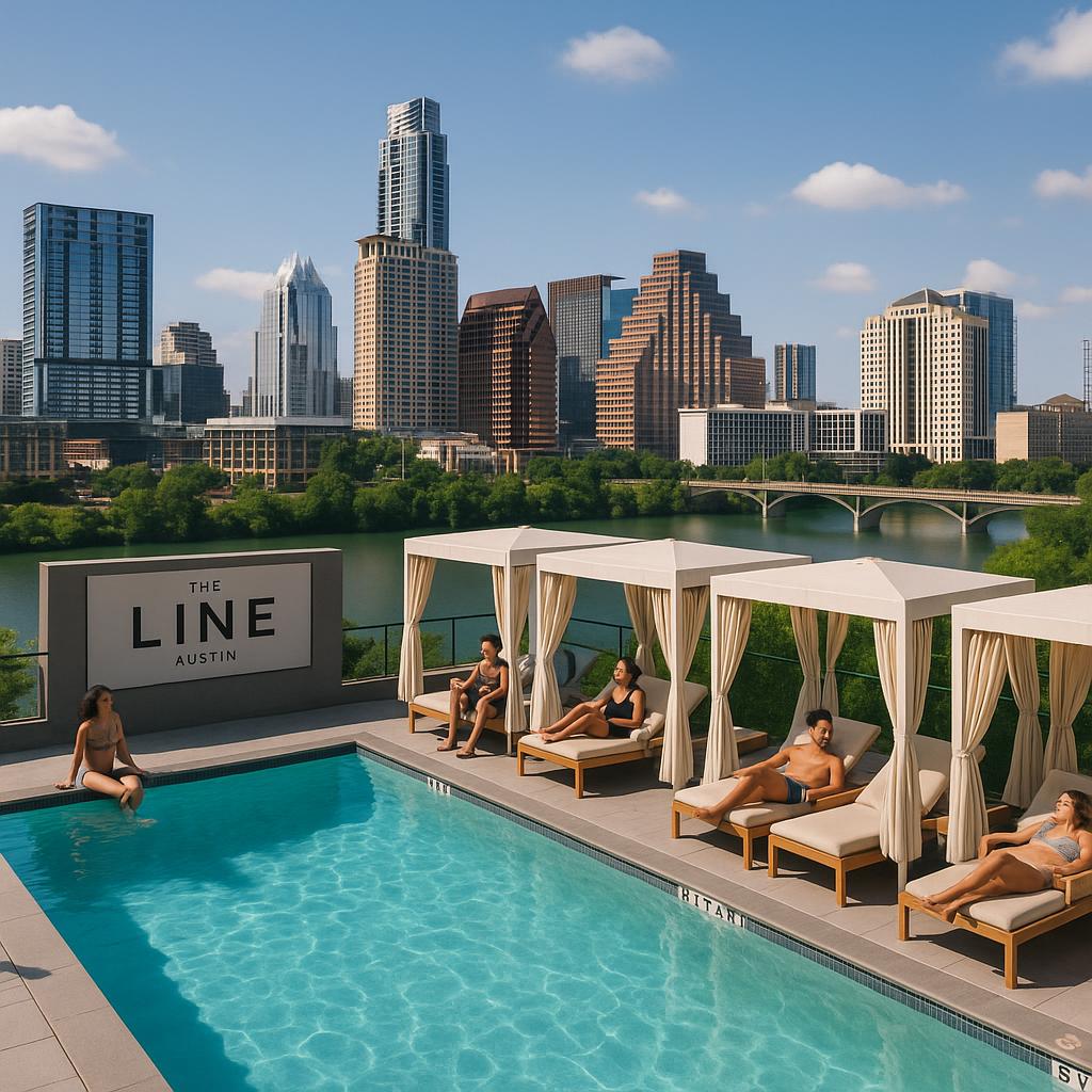 The Line Austin rooftop pool overlooking downtown with guests relaxing