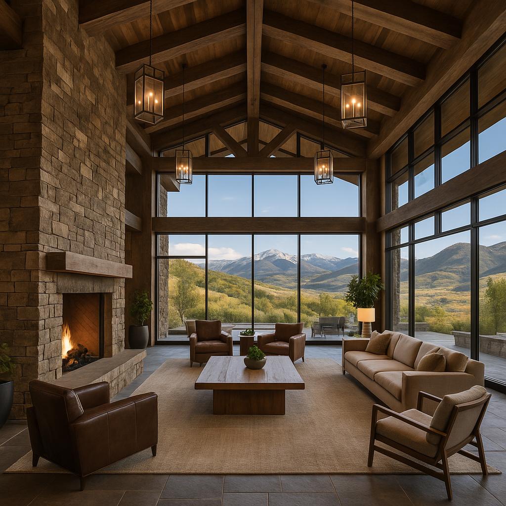 Elegant and photogenic lobby of The Lodge at Blue Sky with natural light and stone fireplace
