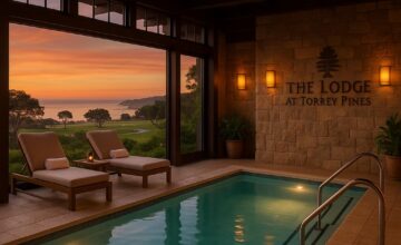 Spa relaxation area overlooking Torrey Pines golf course and ocean at sunset