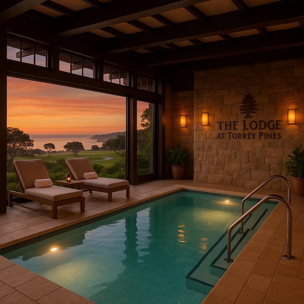 Spa relaxation area overlooking Torrey Pines golf course and ocean at sunset