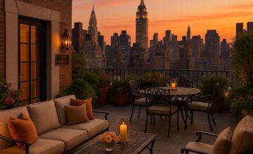 The Lowell Hotel rooftop terrace with NYC skyline at sunset