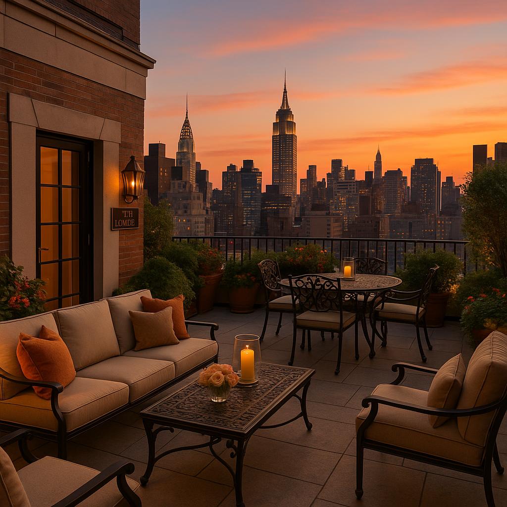 The Lowell Hotel rooftop terrace with NYC skyline at sunset
