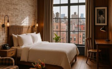 Stylish designer room at The Ludlow Hotel with warm wood accents and city view