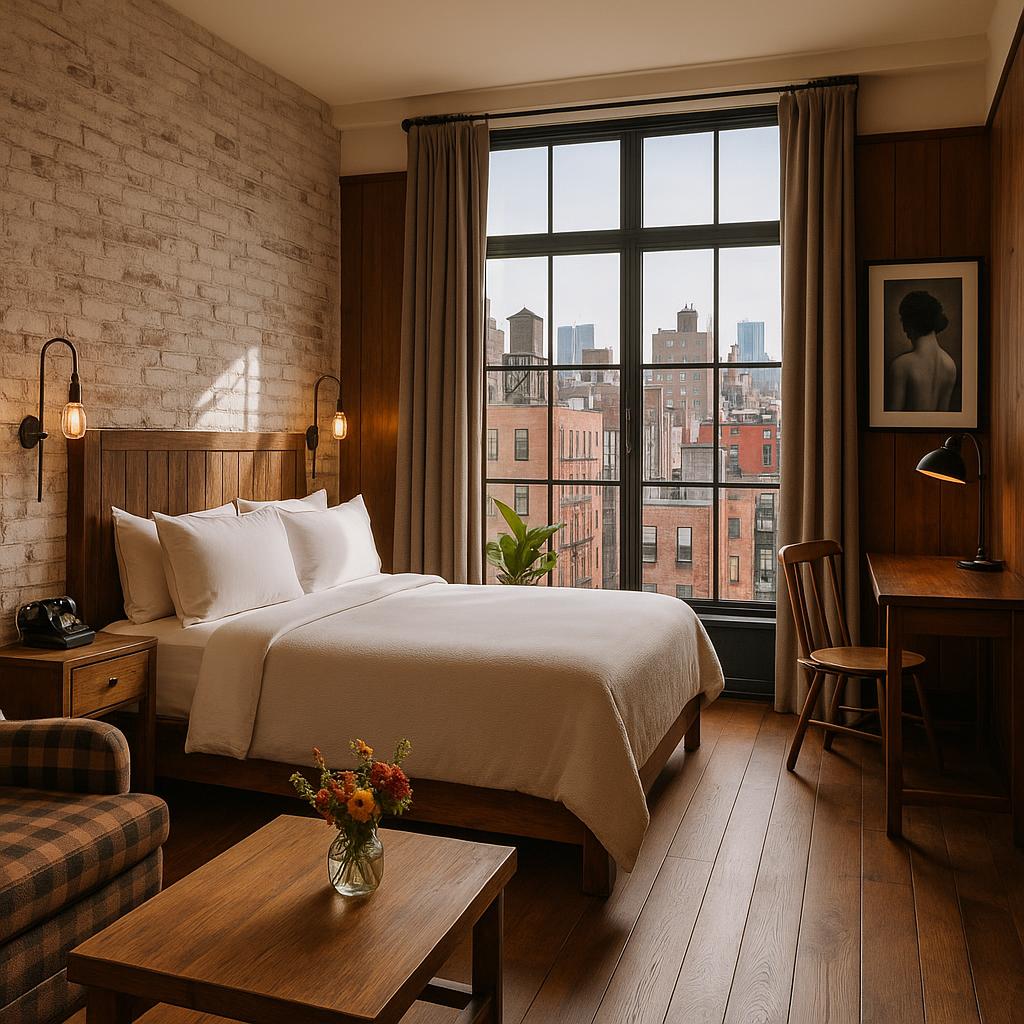 Stylish designer room at The Ludlow Hotel with warm wood accents and city view