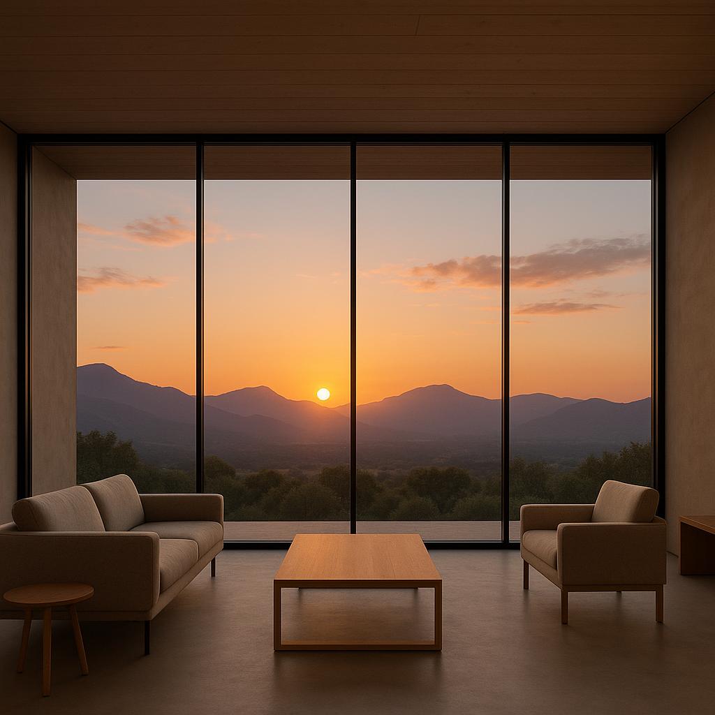 Interior view of The Middle House featuring floor-to-ceiling windows with sunset and mountains outside