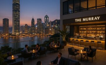 The Murray Hong Kong rooftop bar with panoramic city view at sunset