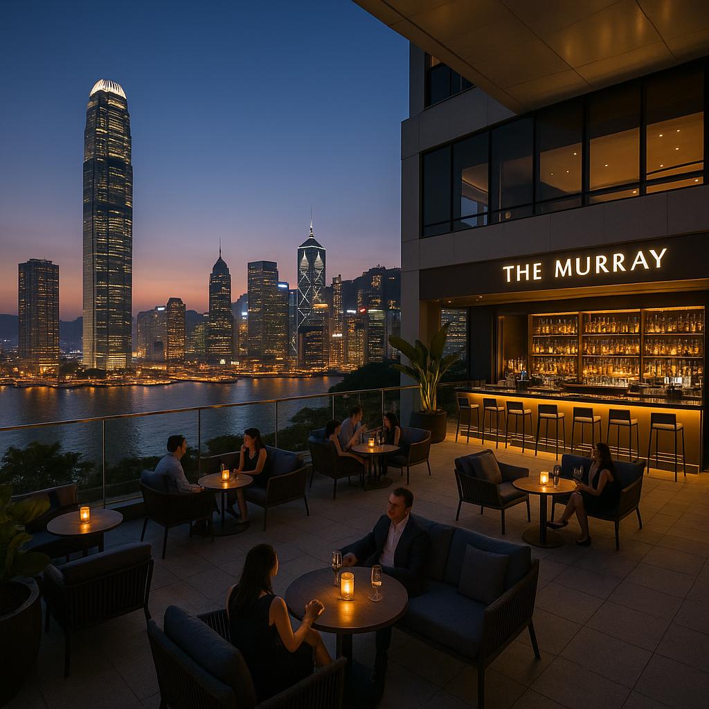 The Murray Hong Kong rooftop bar with panoramic city view at sunset