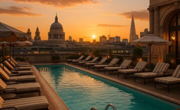 The Ned rooftop pool with London skyline at sunset