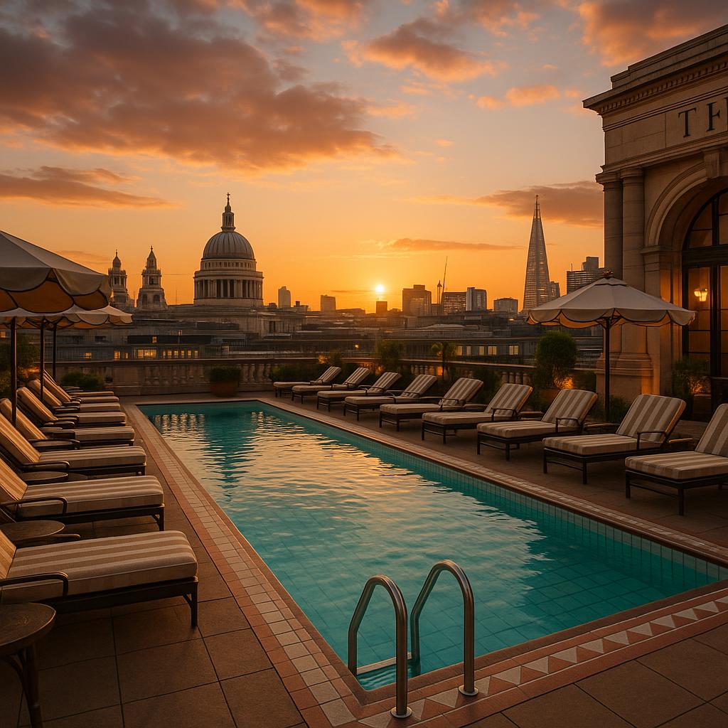 The Ned rooftop pool with London skyline at sunset