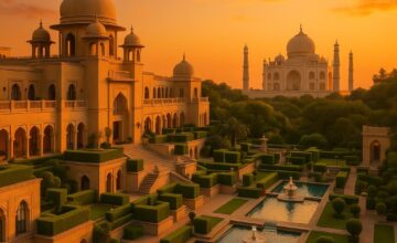 The Oberoi Amarvilas with Taj Mahal at sunset