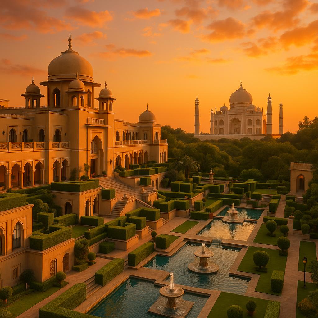 The Oberoi Amarvilas with Taj Mahal at sunset