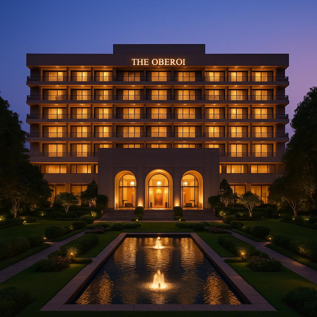 The Oberoi New Delhi illuminated at evening with landscaped gardens