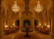 The Oberoi Rajvilas lobby with traditional architecture and ambient lighting